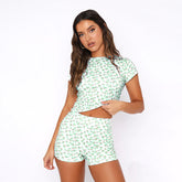 Rose Print Round Neck Pullover Short Sleeve Casual Shorts Suit